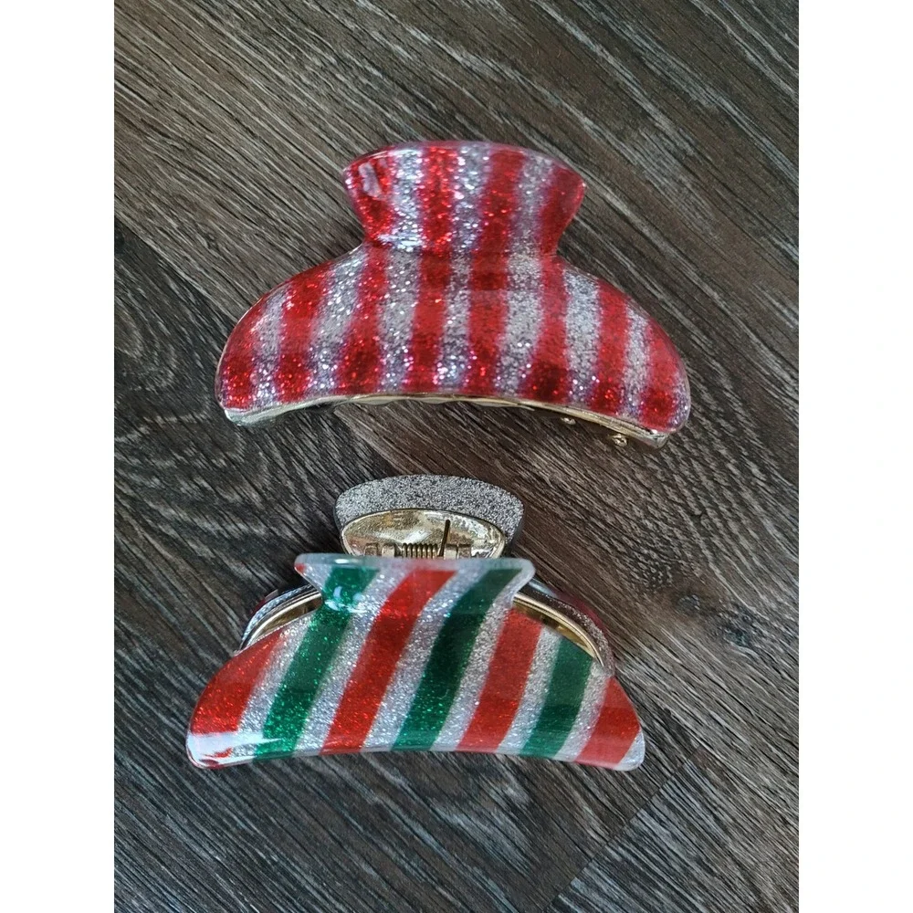 Christmas Glitter Hair Claw Clip Set Red Green Silver Striped Candy Cane 2pc #2